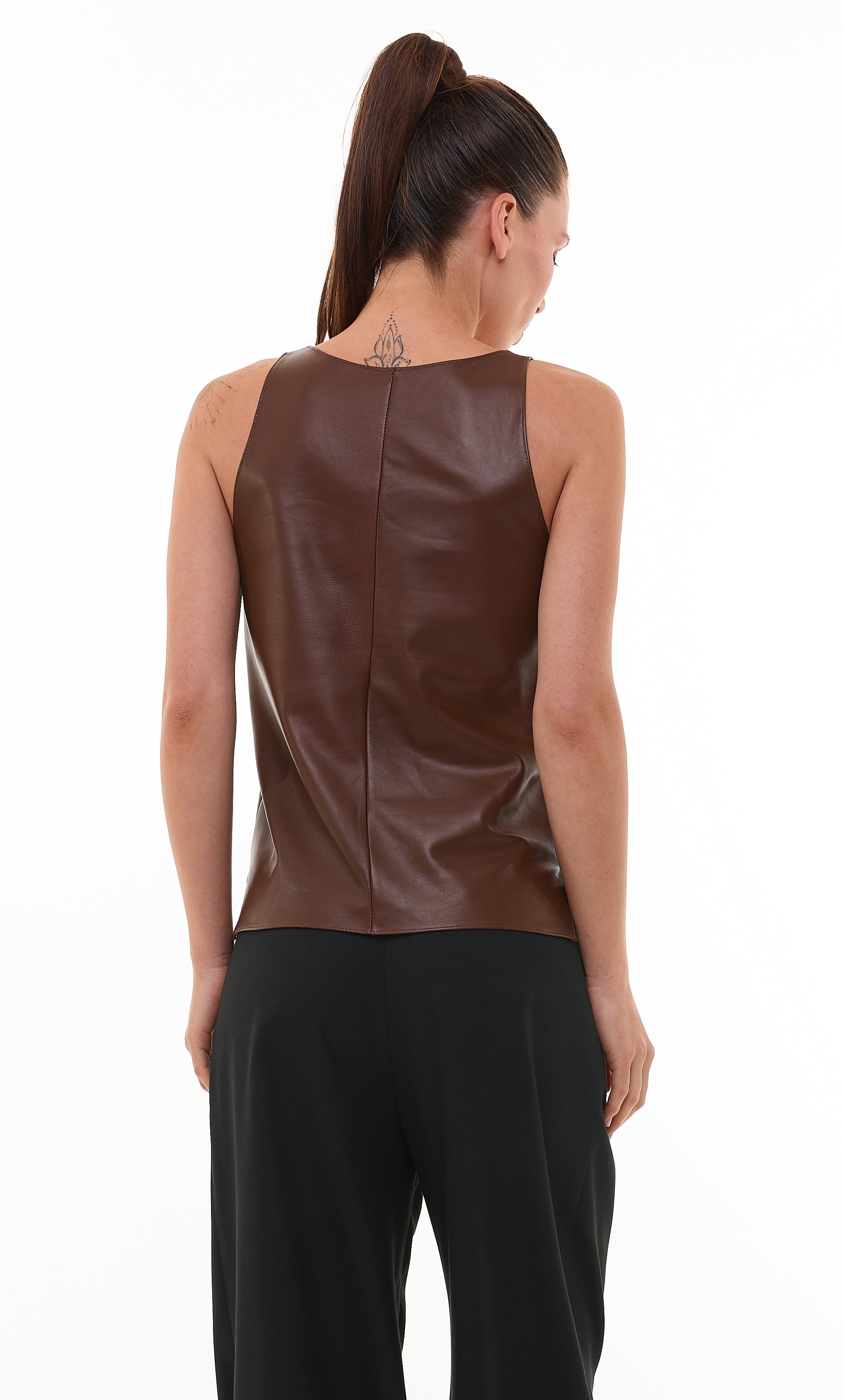 Plunge-neck leather tank top Siara Brown