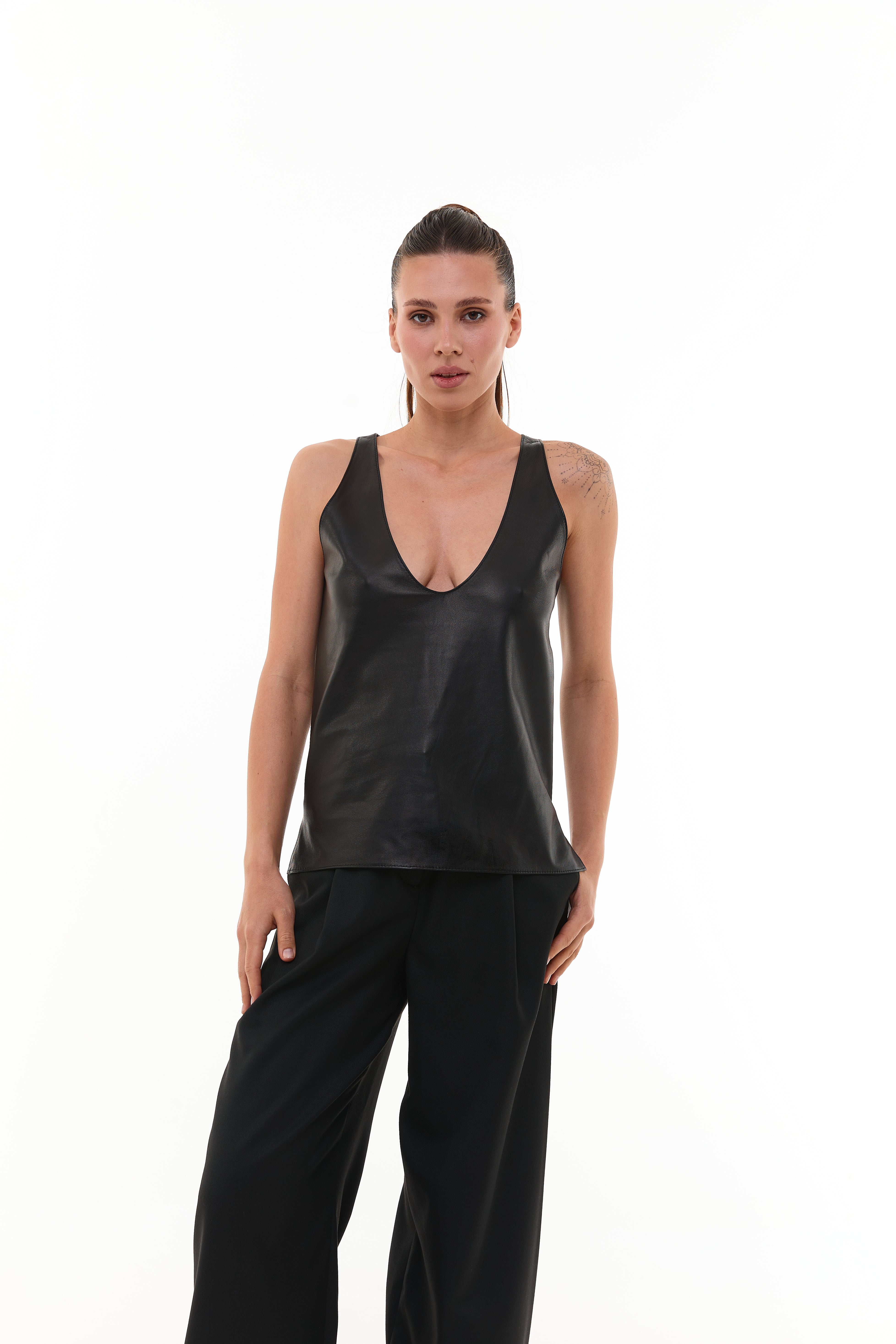 Plunge-neck leather tank top Siara Black