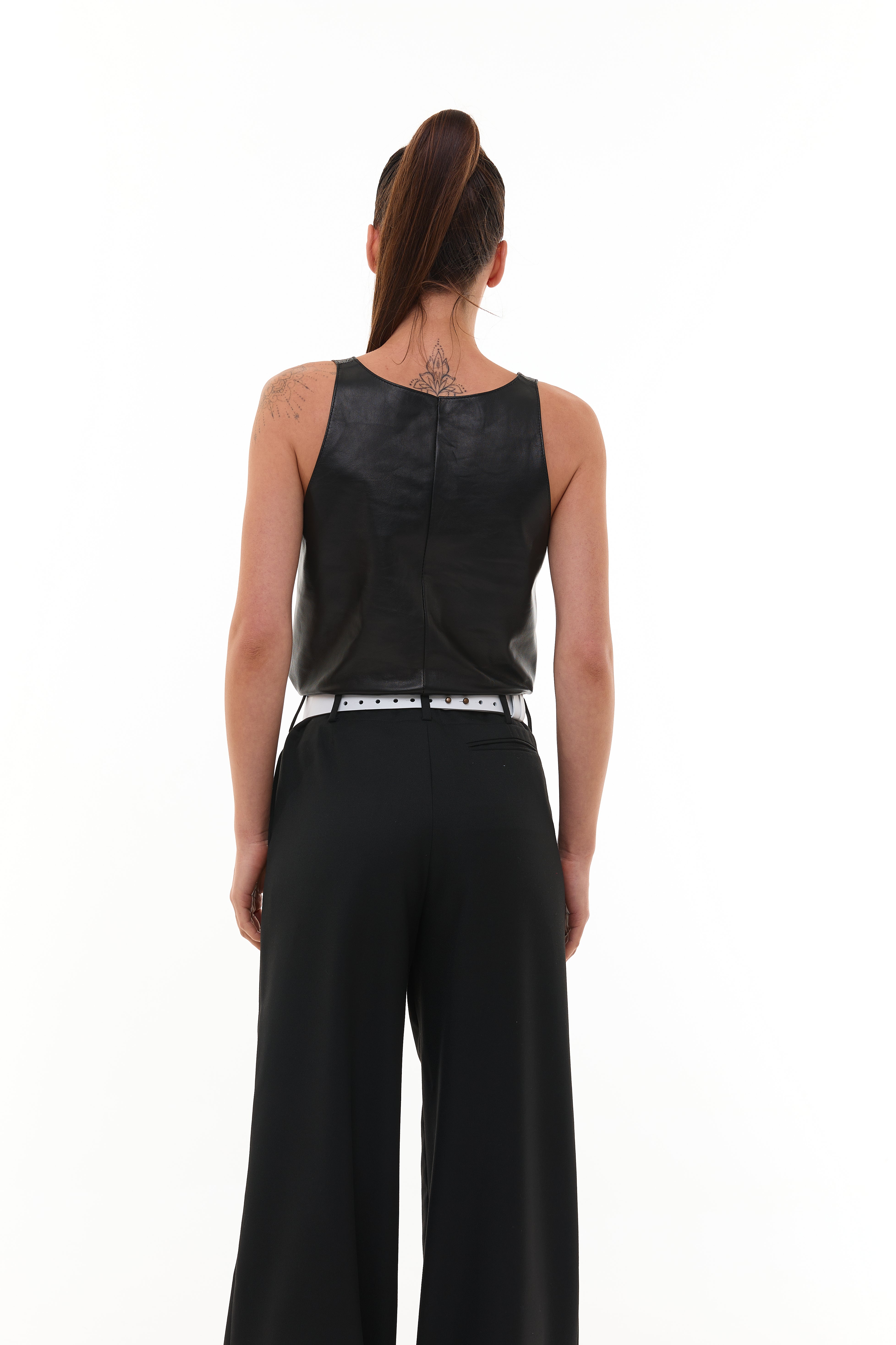 Plunge-neck leather tank top Siara Black