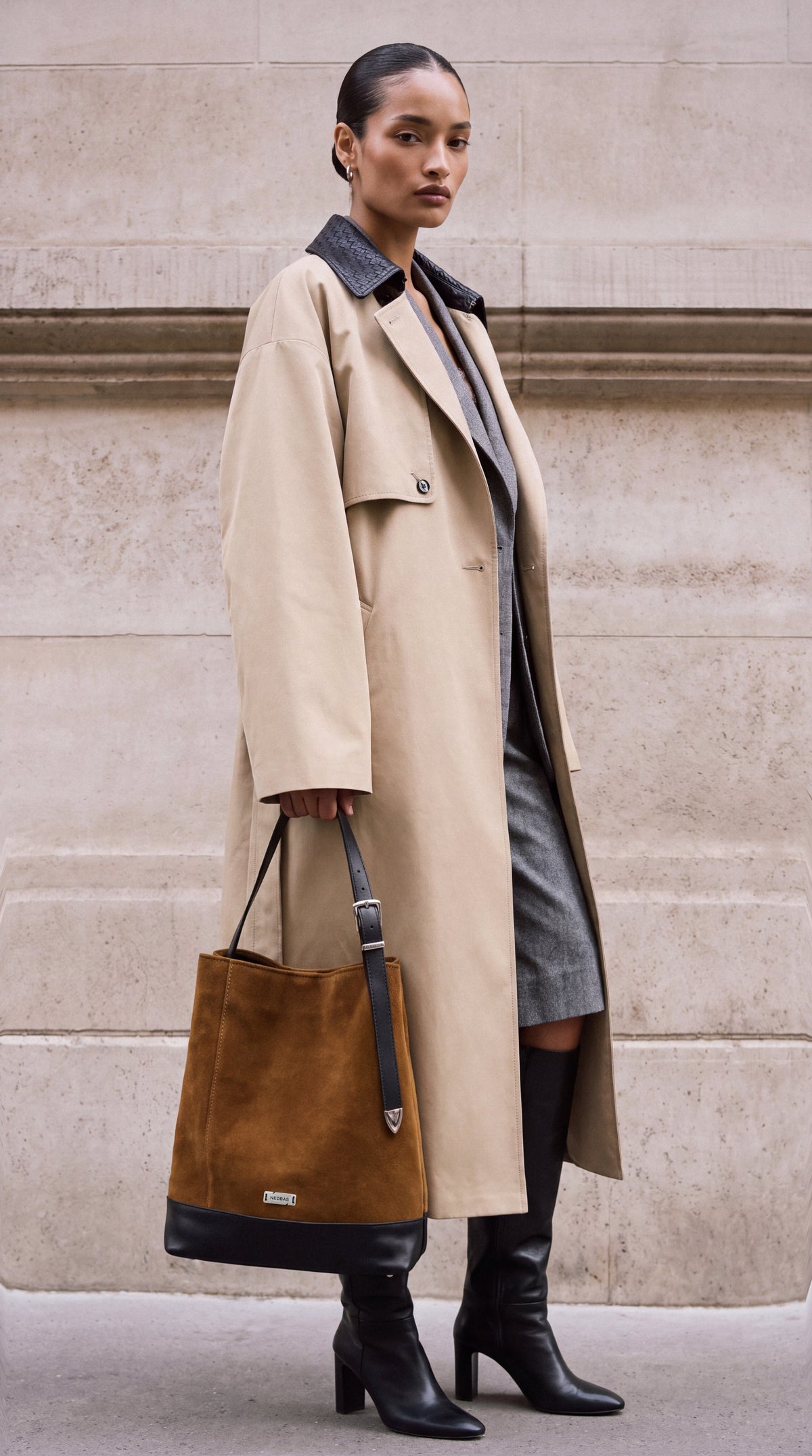 Bag AVIANA Caramel Suede with Black Natural Leather