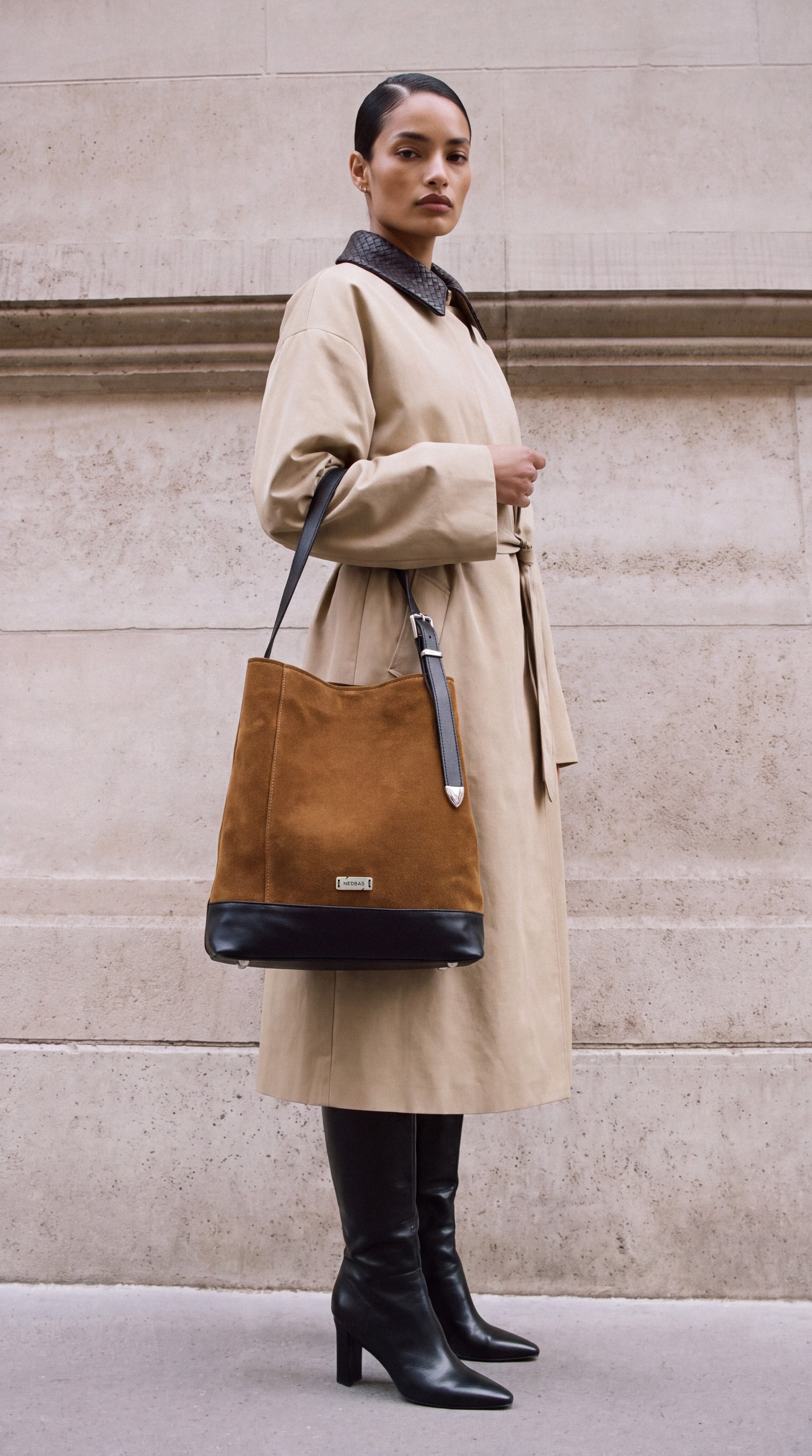 Bag AVIANA Caramel Suede with Black Natural Leather