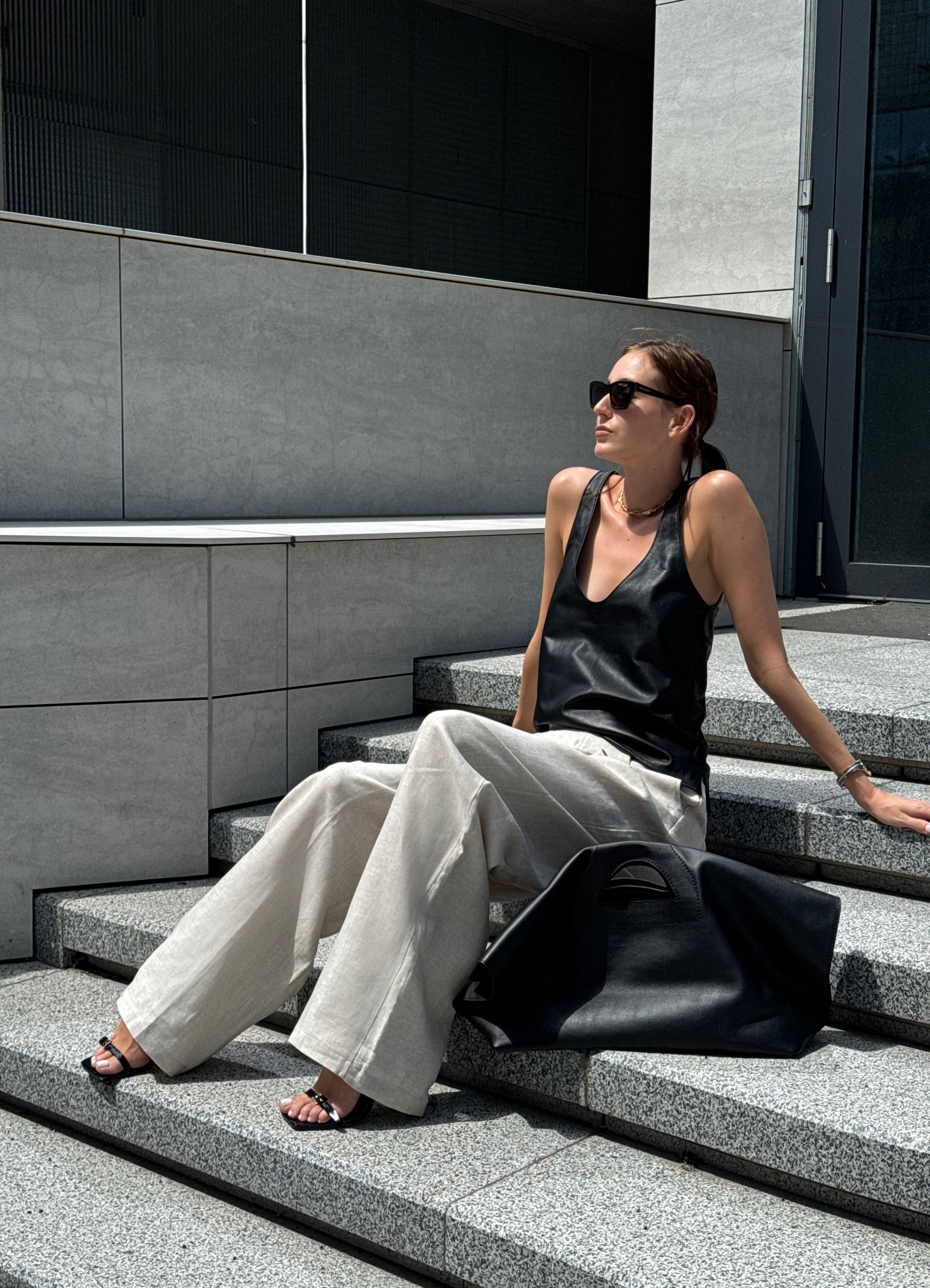 Plunge-neck leather tank top Siara Black