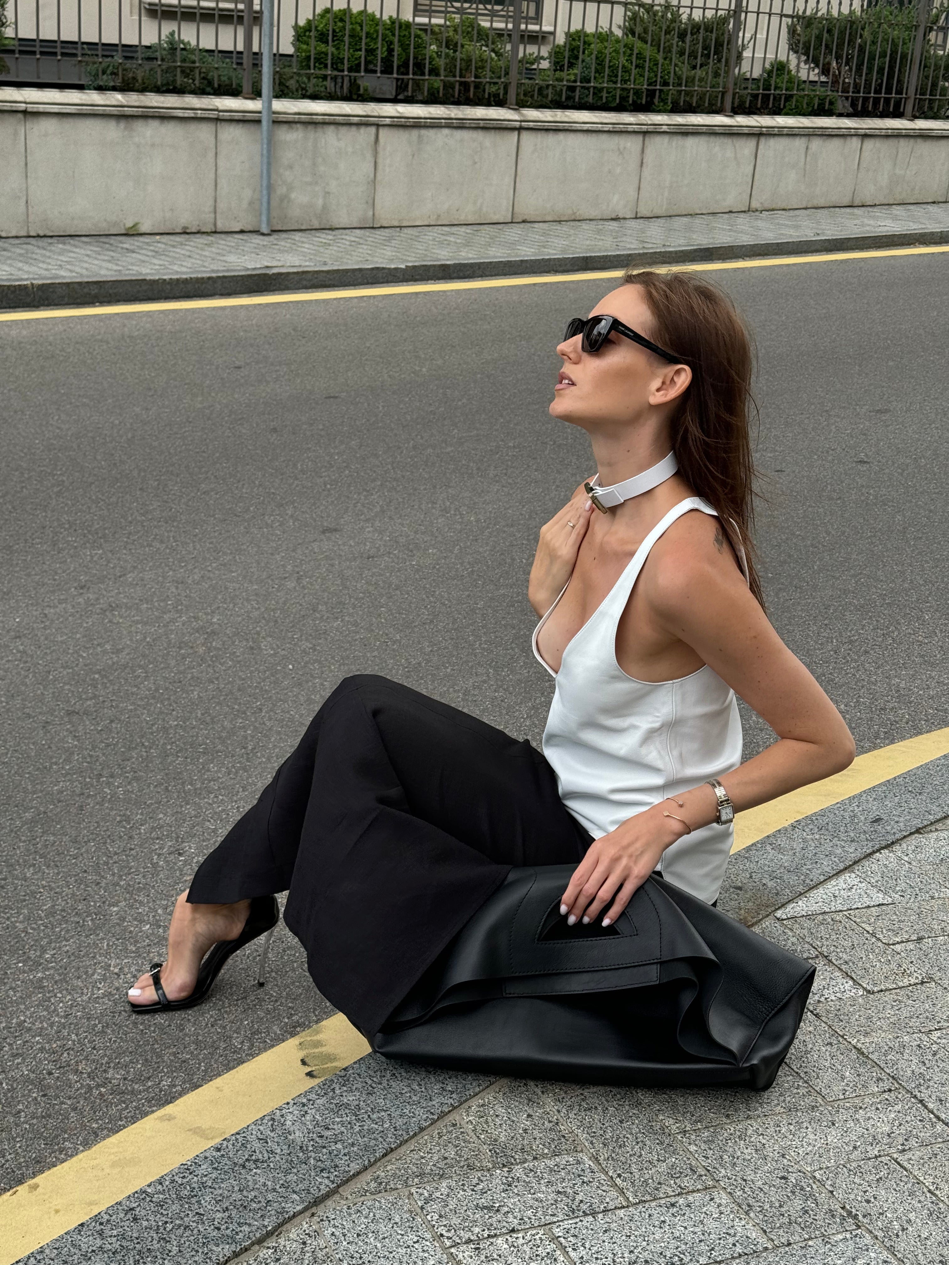 Plunge-neck leather tank top Siara White