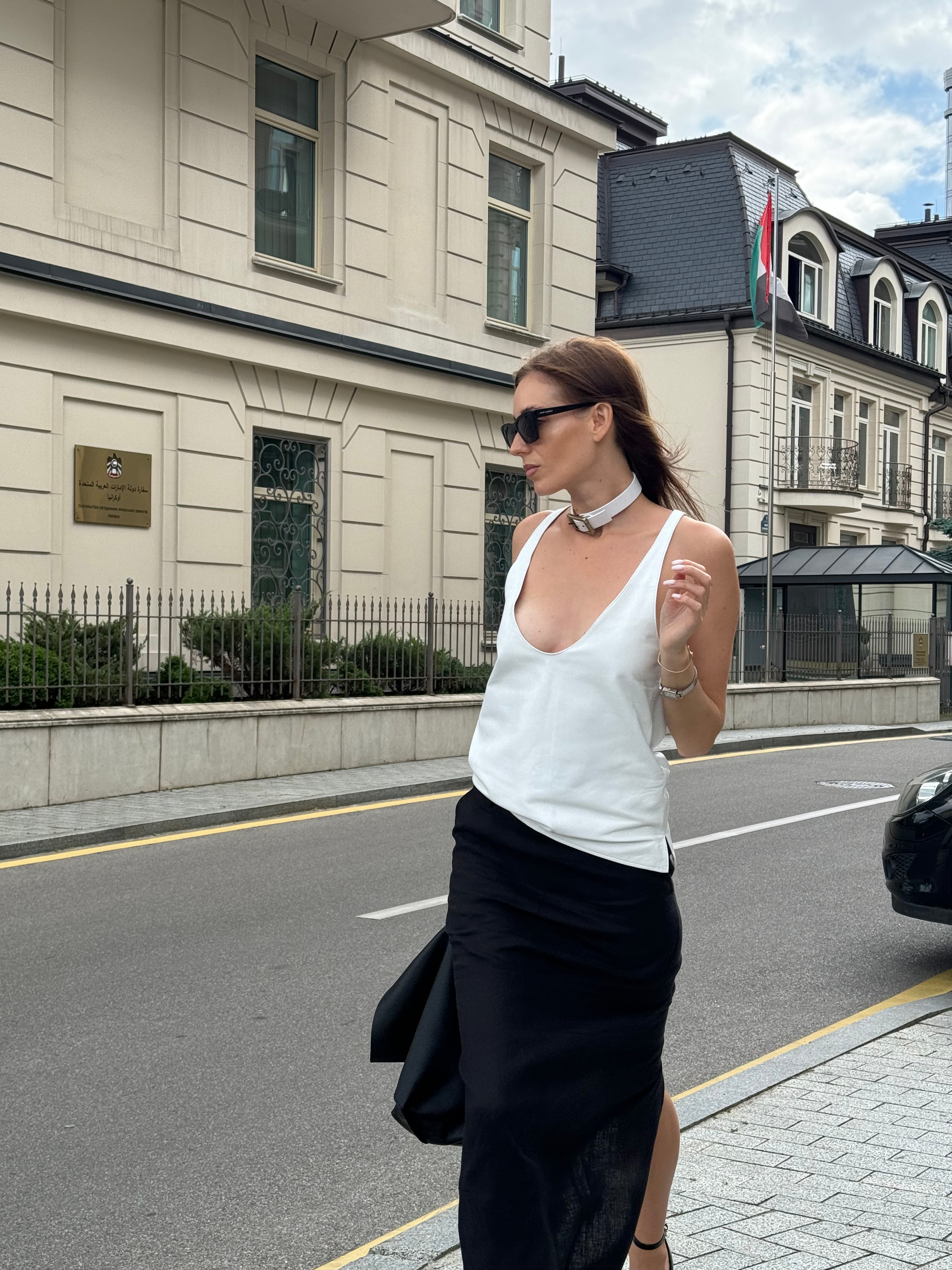 Plunge-neck leather tank top Siara White