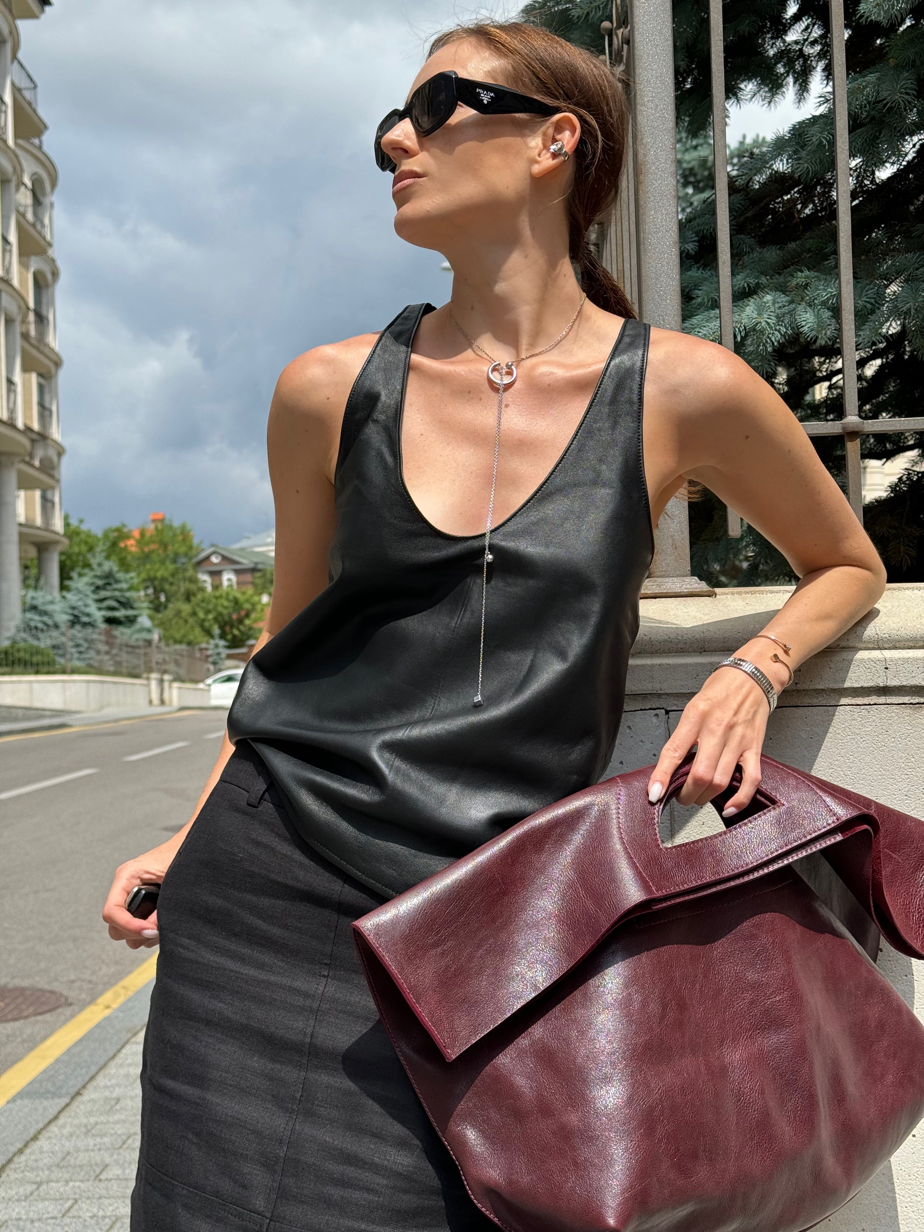 Plunge-neck leather tank top Siara Black
