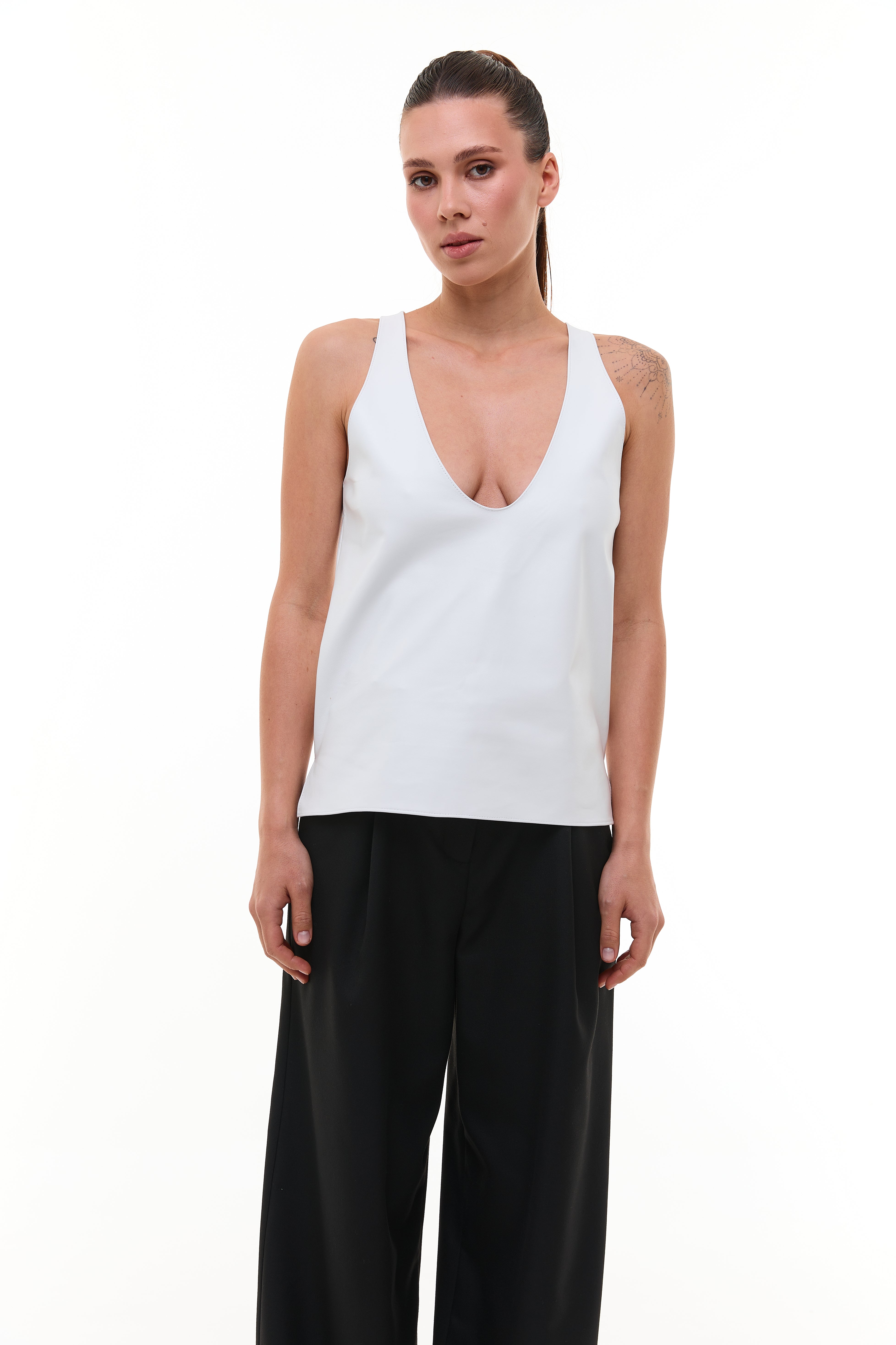 Plunge-neck leather tank top Siara White